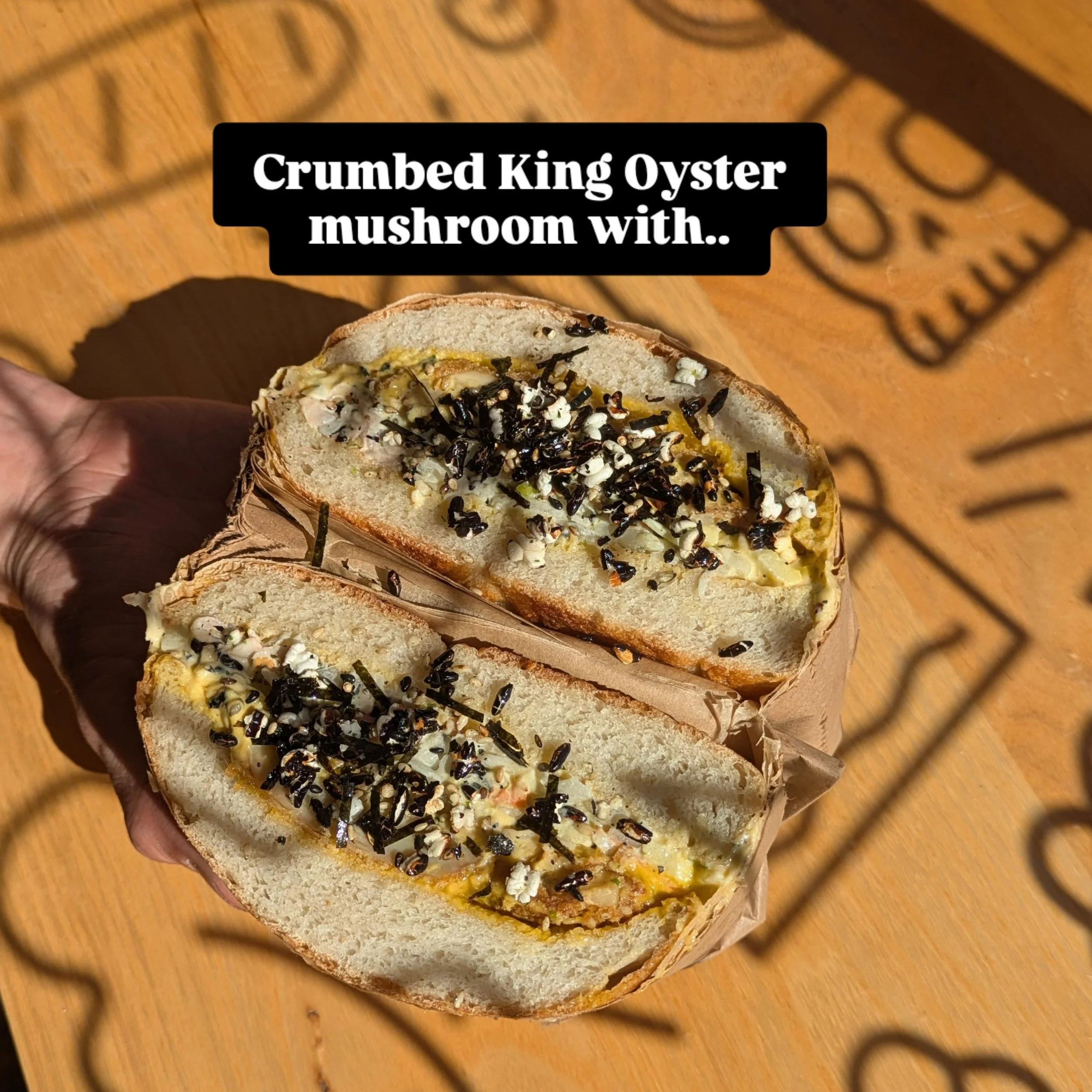 ⚡ Katsu Mushroom Sandwich ⚡

Crumbed king oyster mushroom, crisp apple &amp; radish slaw, zingy pickled ginger, puffed rice furikake, finished with our katsu sauce.

Crunchy, tangy, savoury....every bite hits 

This sandwich can be made VEGAN 💚 just