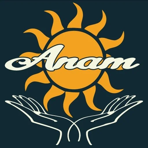 A stylized logo featuring a sun with orange rays and the word 'Aham' written across it in white, with two minimalist line-drawn hands below supporting the sun.