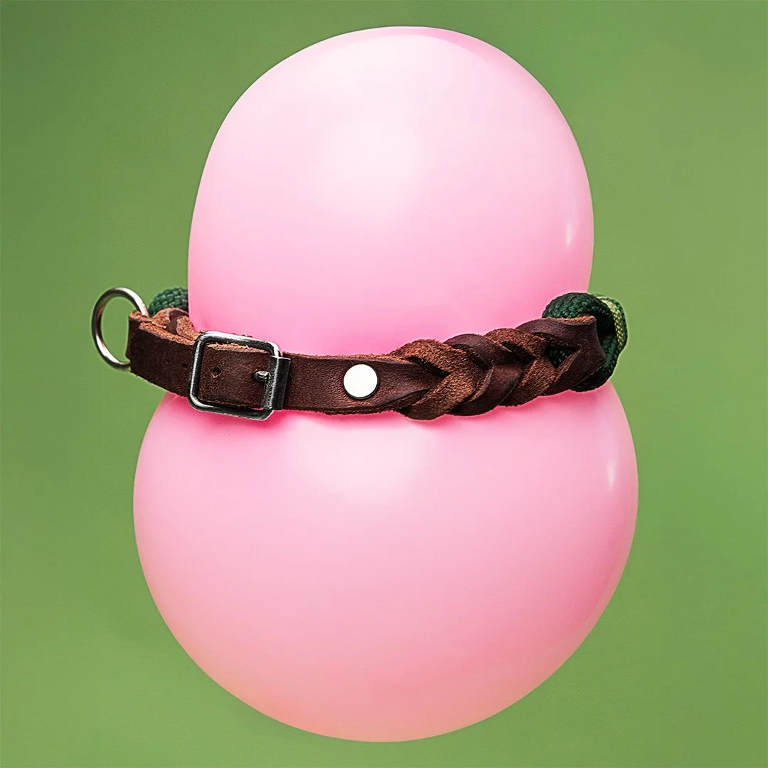 A pink rubber duck wearing a dark brown leather collar with a silver buckle and a metal ring, against a green background. Still Life Photography Motion Visuals in Switzerland.