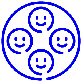 Five smiling face icons arranged in a circular pattern, outlined in blue.