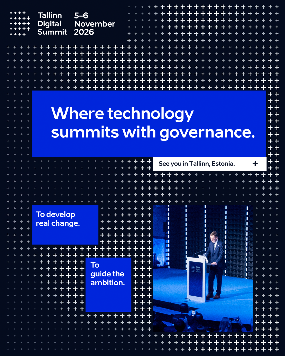 Promotional flyer for the Tallinn Digital Summit 2026, taking place on November 5-6 in Tallinn, Estonia. The flyer features a blue and black dotted background with white text, the event's tagline 'Where technology summits with governance,' and a photograph of a speaker at a podium.
