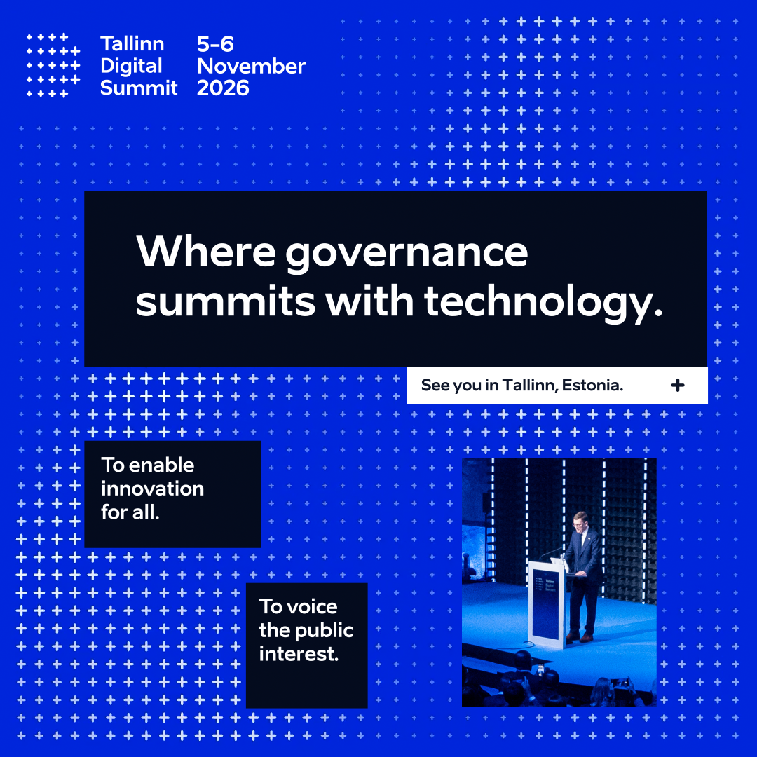 Event poster for the Tallinn Digital Summit 2026, held November 5-6. The poster features a blue background with white dotted patterns, bold white text, and a photograph of a presenter at a podium on stage.