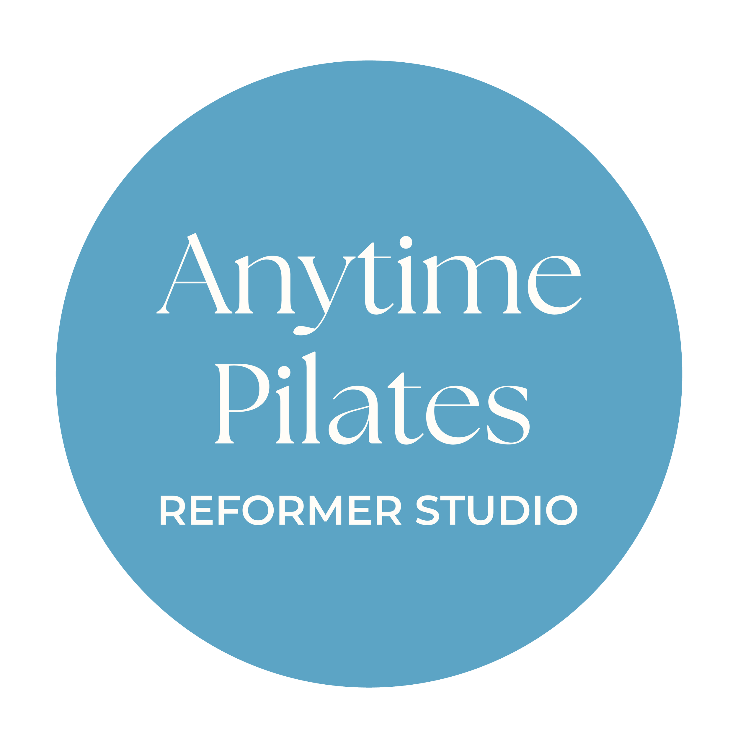 Blue circle with white text that reads 'Anytime Pilates' and smaller text below that says 'Reformer Studio'.