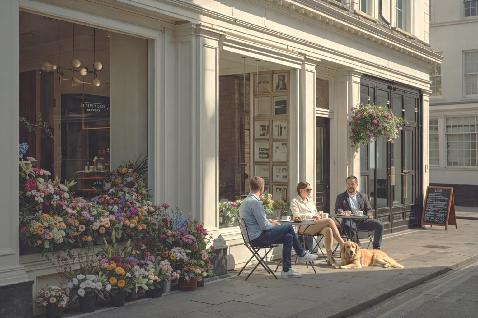 Three people sitting at an outdoor cafe table on a city sidewalk, with a golden retriever lying nearby, flowers in front of the cafe, and a black-framed menu board to the side.