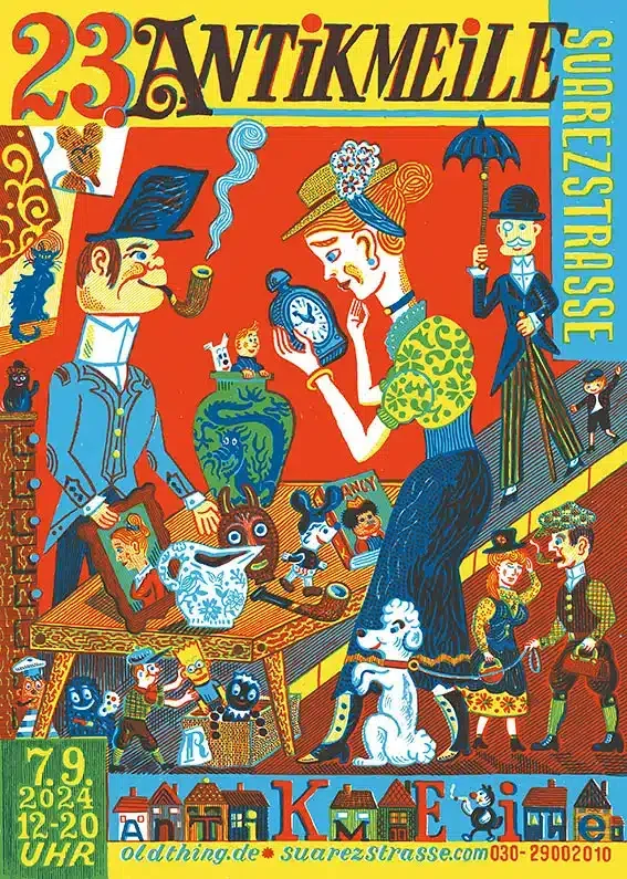 Der Titel des Posters ist '23. AntikMeile' mit dem Zusatz 'Surrestrasse'. Es zeigt ein buntes, vintage-inspiriertes Kunstplakat mit einer Gruppe Menschen und Tieren auf einer Straße, die antique Gegenstände und Figuren darstellen, inklusive einer Dame, die eine Uhr betrachtet, einen mannlichen Musiker mit einem Regenschirm, sowie kleinere Figuren und Tiere, im retro-Stil, mit Datum und Uhrzeit des Events.