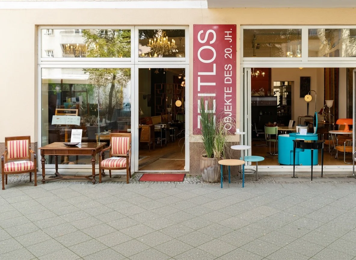 Schaufenster eines Möbelgeschäfts mit Sitzgelegenheiten und Dekoration im Innenraum.