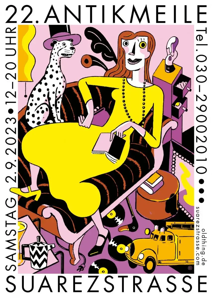 Karikatur eines stilisierten weiblichen Jazzmusikers mit einem Dalmatiner im Hintergrund und verschiedenen Musikinstrumenten und Gegenständen. Der Text bezieht sich auf eine antike Meile in Berlin am 22. April 2023.