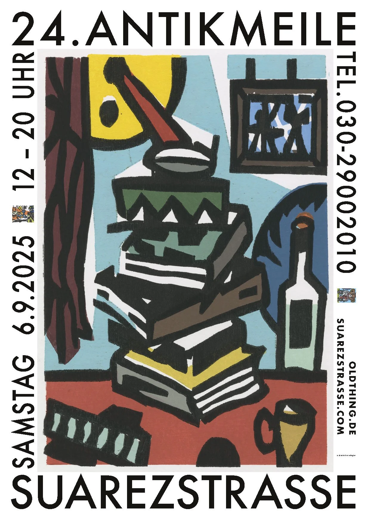 Postermotiv für die 24. Antikmeile in Samstag, 6. September 2025, auf Suarezstrasse, mit einem stilisierten, farbenfrohen Gemälde im expressionistischen Stil, das eine Schreibtischszene mit Bücher, Stifte und einer Flasche zeigt.