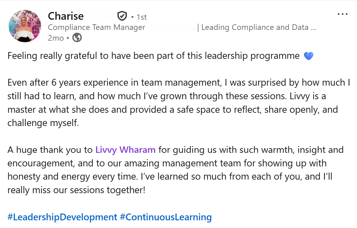 Screen Grab of a Positive Testimony for Livvy: the testimony mentions that Livvy is a "master at what she does" and guided the learners with "warmth, insights and encouragement" as part of a recent leadership development programme.