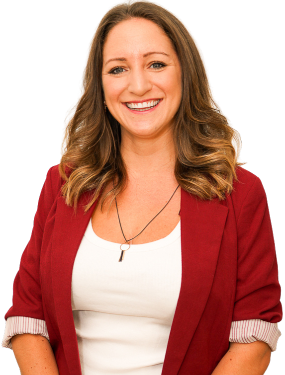 Image of Livvy smiling at the camera, wearing a maroon red blazer.