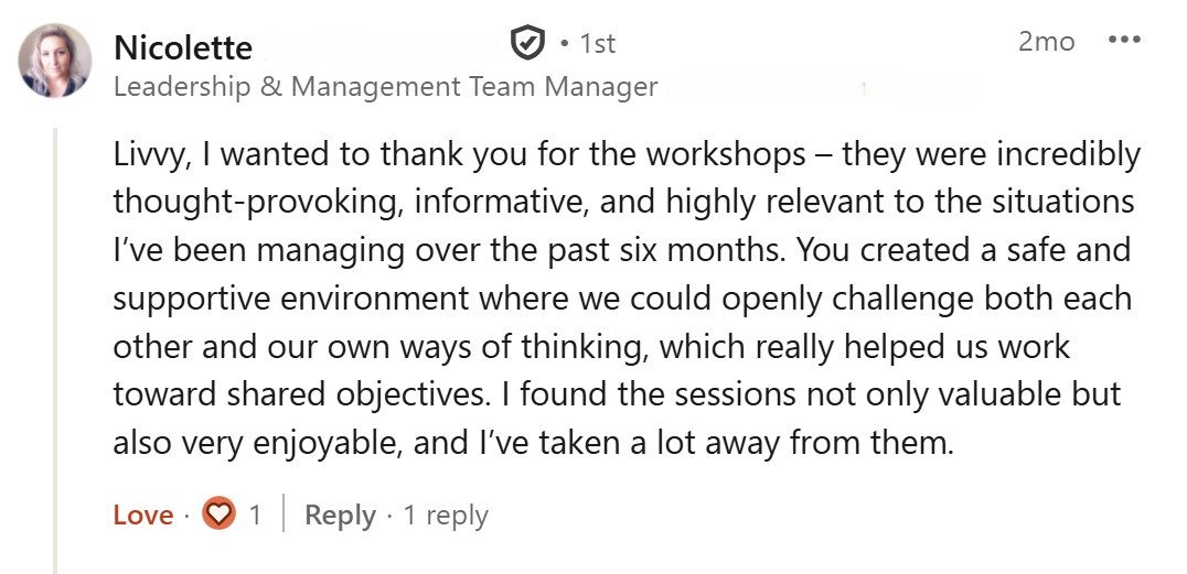 Screen Grab of a Positive Testimony for Livvy outlining the "thought-provoking, informative and highly relevant" workshops. The testimony mentions a "safe and supportive" learning environment that helped participants work through shared objectives.