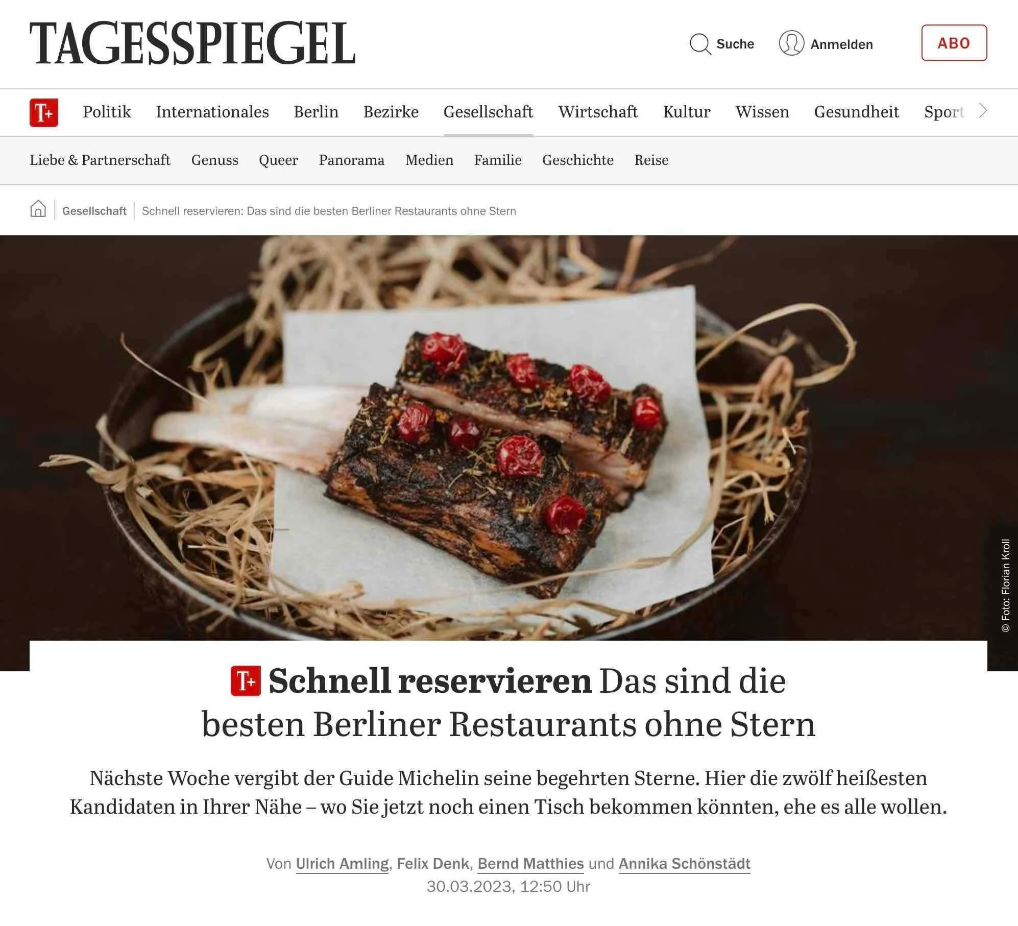 Screenshot von der Webseite der Tagespiegel mit einem Bild eines Schokoladenkuchens mit roten Beeren auf einem weißen Papierteller, umgeben von einer Dekoration aus Strohhälmchen.