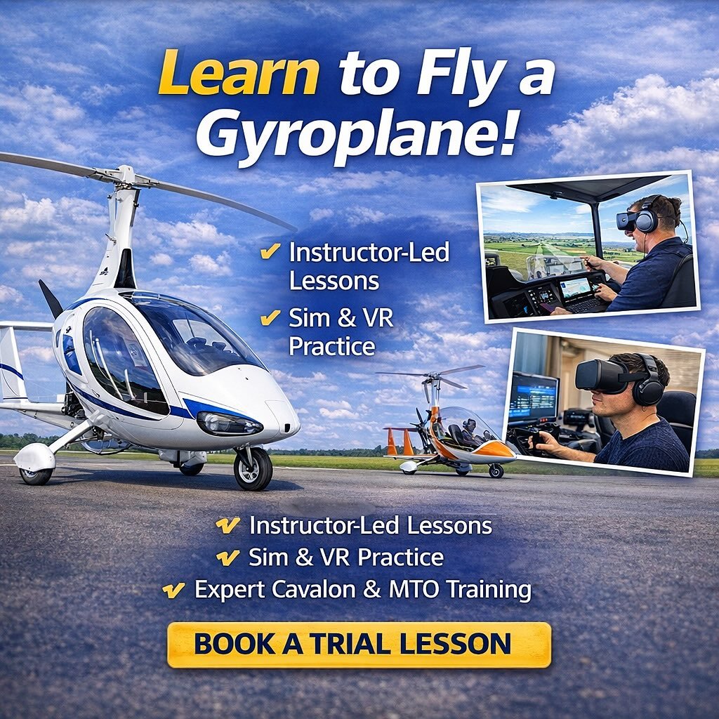 Ever thought about learning to fly? 🚁

Train in a modern Cavalon or MTO gyroplane with expert instruction and a structured approach designed to help you progress quickly and safely.

✔ Instructor-led lessons
✔ Simulator &amp; VR support
✔ Learn at y