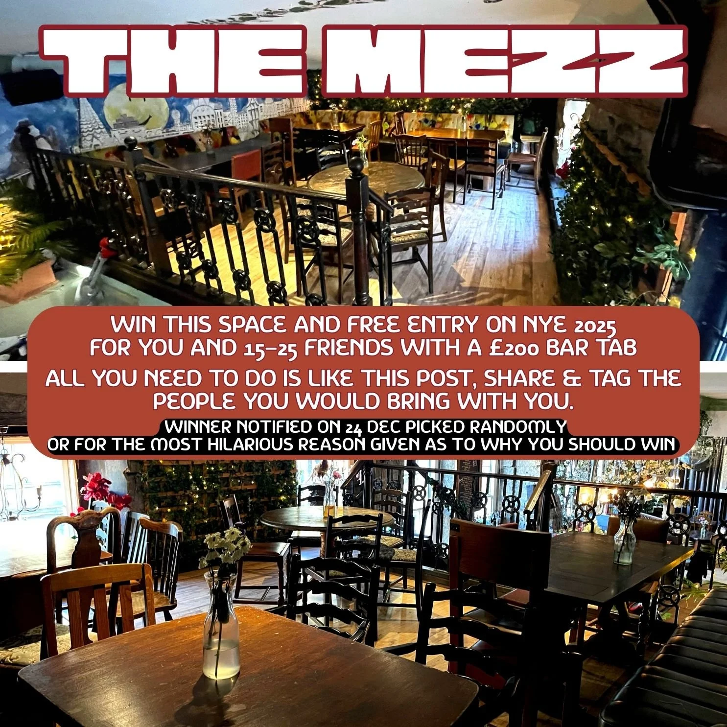 🎉 Win the No28 Mezzanine for a Private NYE Soir&eacute;e! 🎉

Get a private space for you and 15&ndash;25 friends, enjoy a &pound;200 bar tab, and free entry for everyone! Plus, this gives you access to Friki Tiki downstairs.

To enter:
Like this po