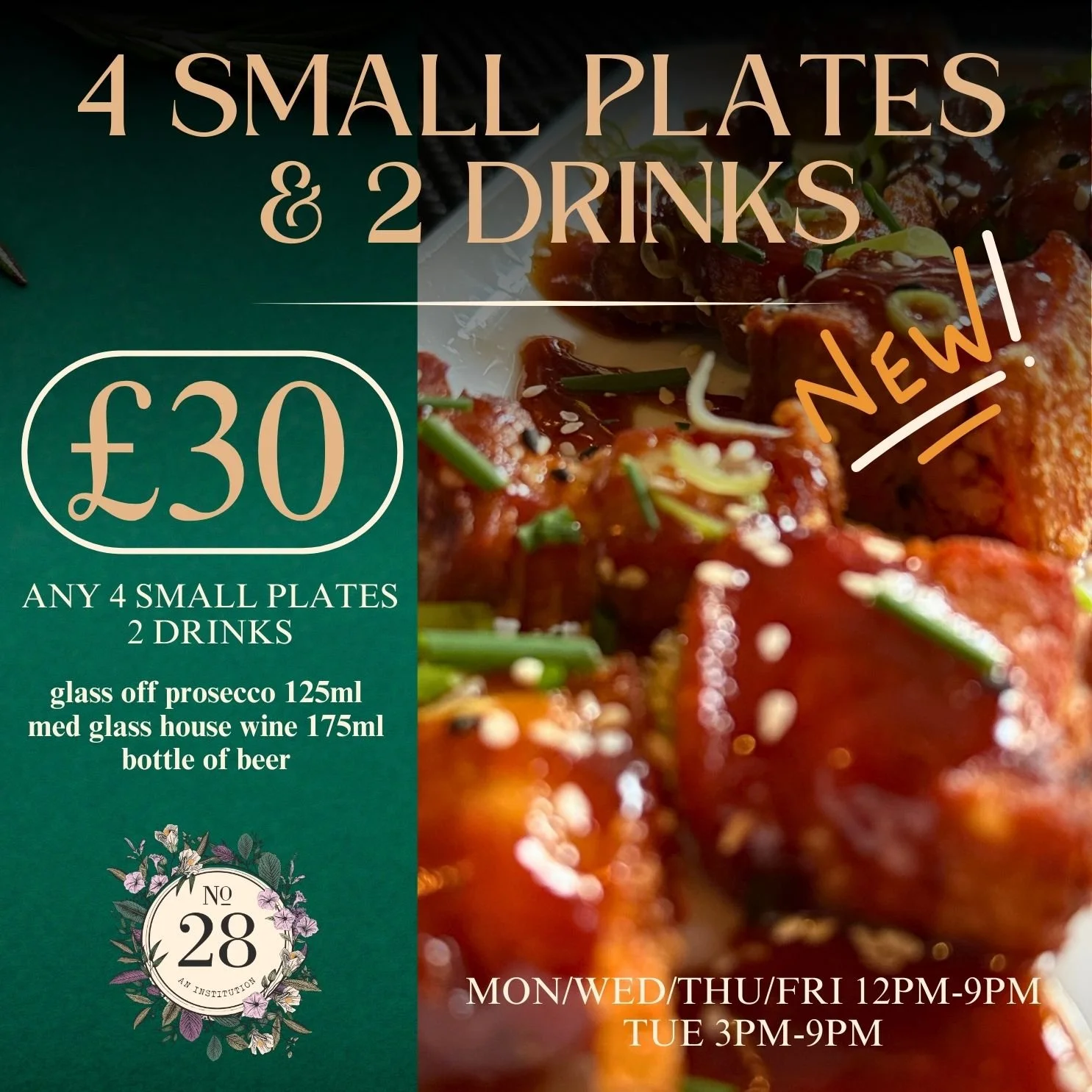 Now open from 12pm every day (Tue 3pm) - Try our NEW outrageously good value Small Plates Deal. Eatsies and Drinksies for 2 for &pound;30 #tapas #smallplates #deals