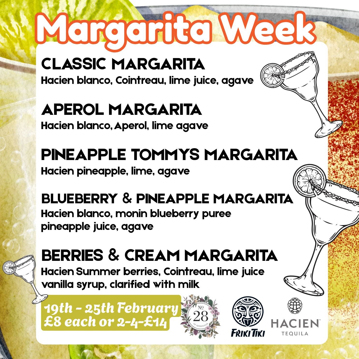 Margarita madness alert! 🍹🎉 It's a whole week of premium Margs at @No28  anFRIKI TIKI - buckle up, amigos! 🎉🍹