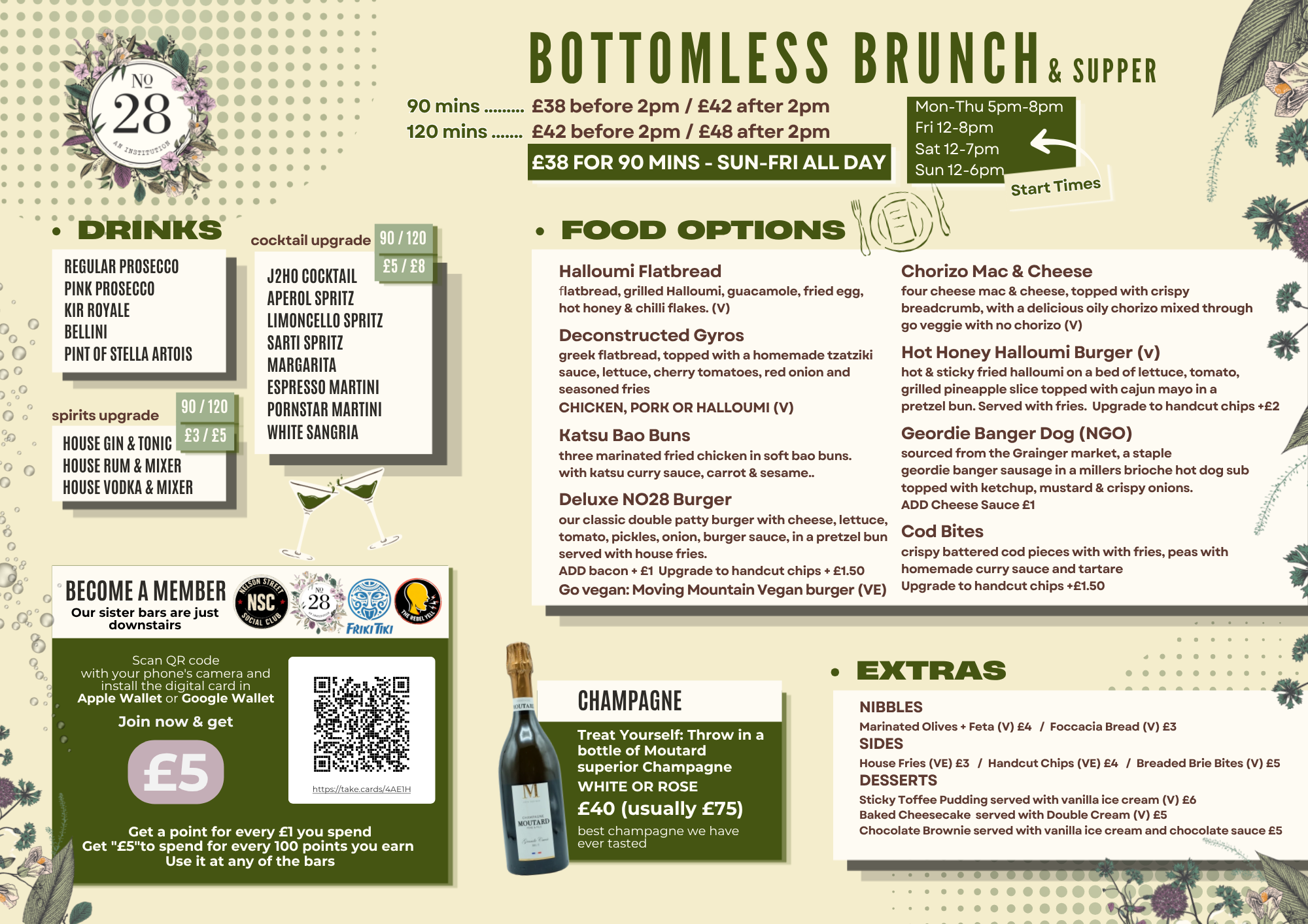 A menu for a bottomless brunch and supper event featuring food options like flatbread, gyros, bao buns, and burgers, drinks including cocktails, spirits, and champagne, and extras like nibbles, sides, and desserts, with start times and prices outlined.
