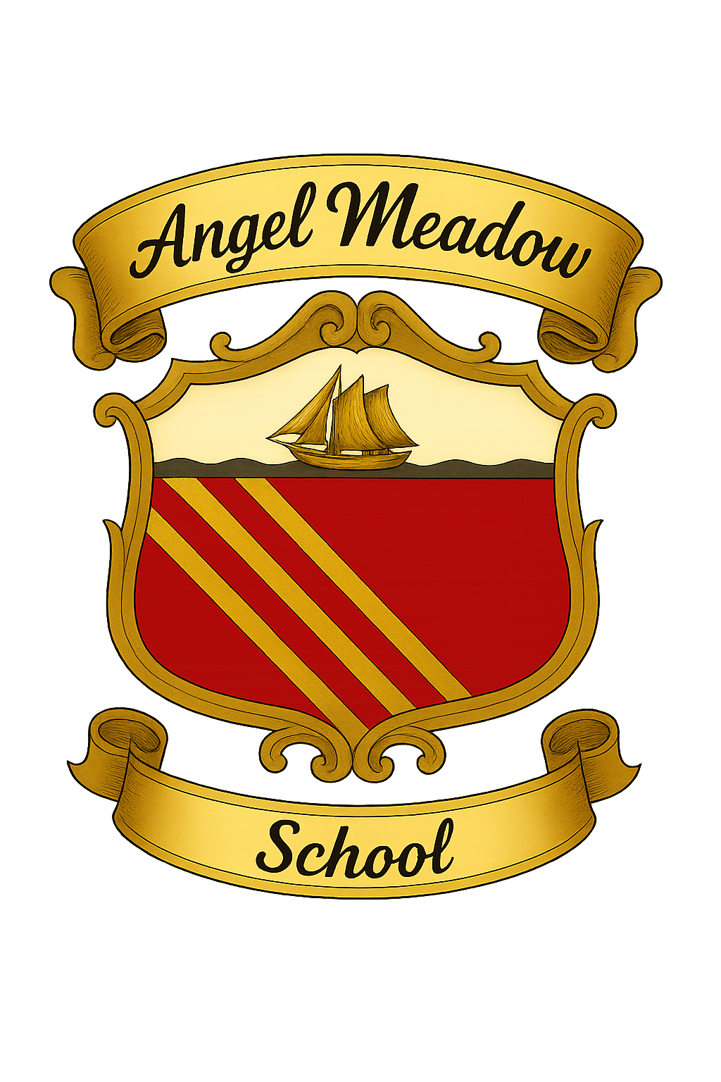 School crest with a sailboat and stylized red and gold stripes, with banners reading 'Angel Meadow' and 'School'.