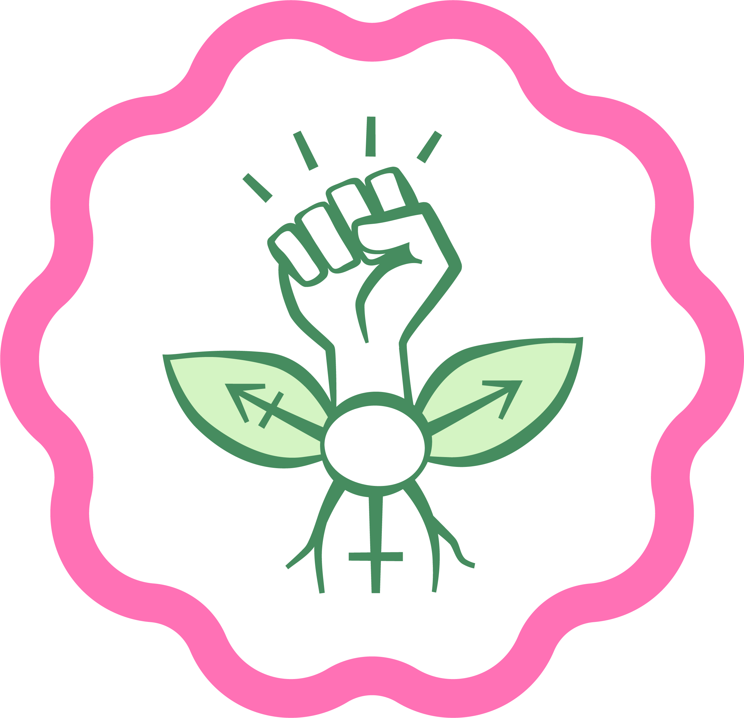 Symbolbild mit einer Hand in Fäustecken, die aus einer Blume mit zwei Blättern wächst, umgeben von einem pinken gewellten Rand.