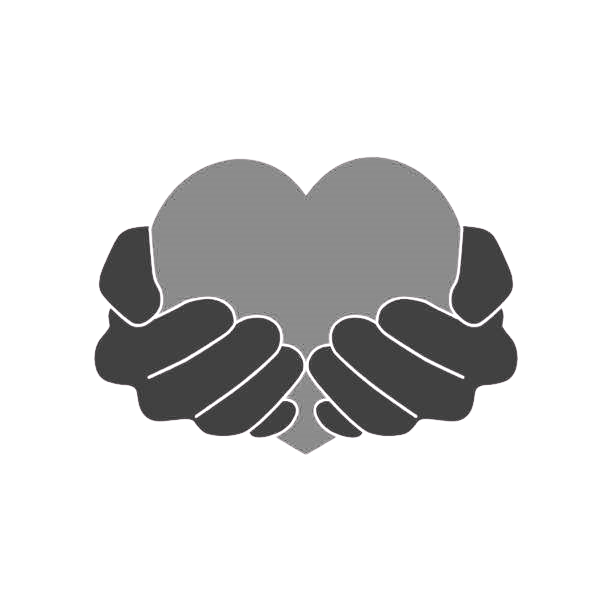 Two hands holding a heart shape. The hands and heart are in shades of gray against a black background.