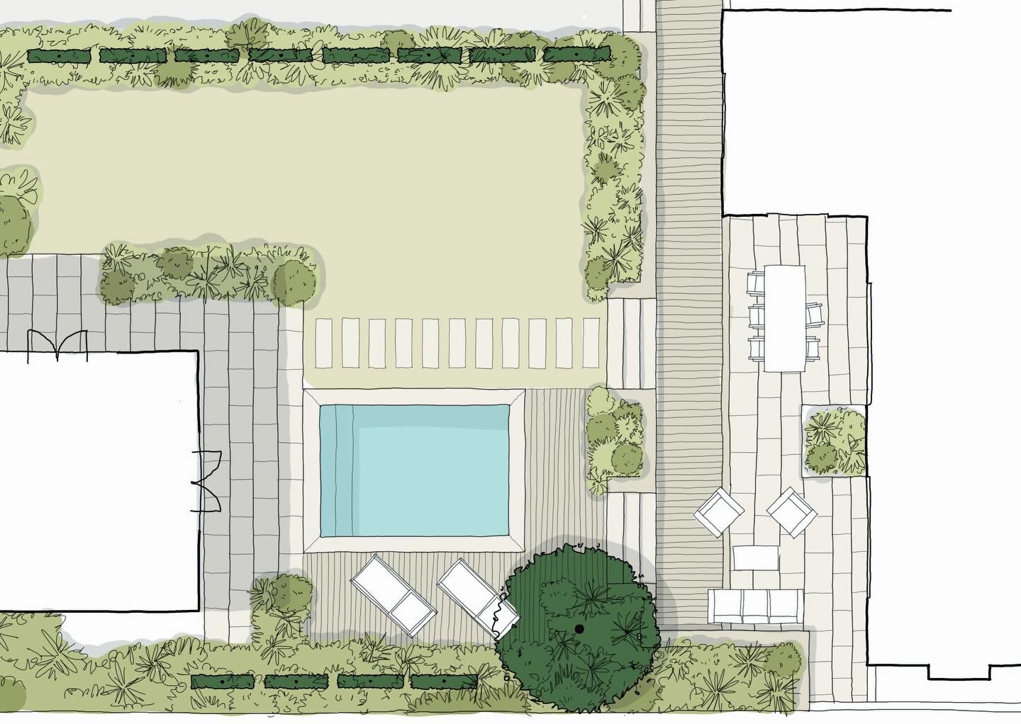 Three design arrangements for a garden which features a new pool house and pool, a south facing terrace, a formal lawn and a secret garden beyond. 

Finding the perfect layout can take time, understanding the gardens micro climate is key. For this ga