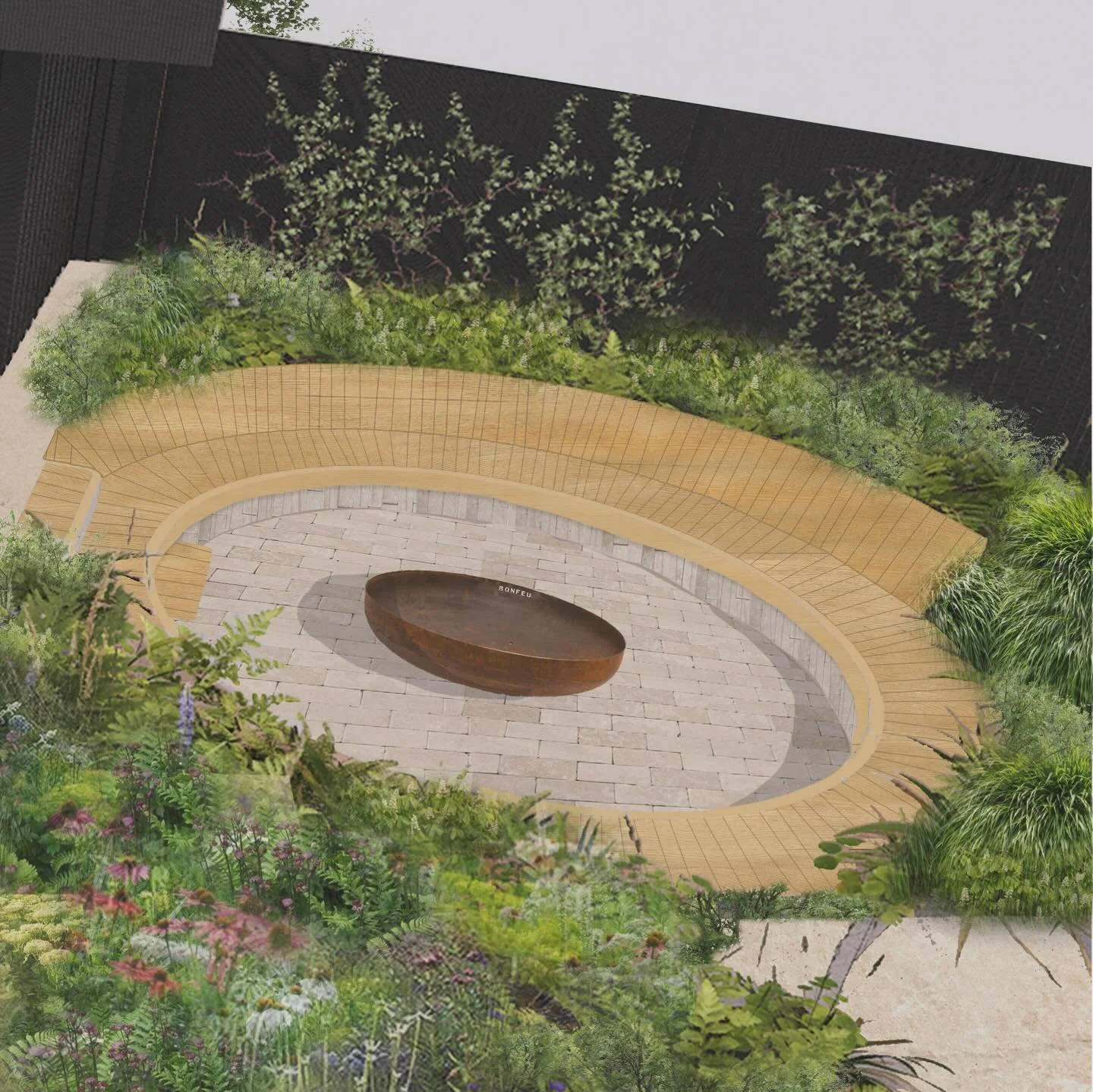 Concept design for a sunken fire pit 🔥- exploring material finishes.. 

The sunken fire pit is set below an outdoor kitchen with wrap around planting and a small multi stem tree (out of view!). 

We have been exploring material finishes to ensure th