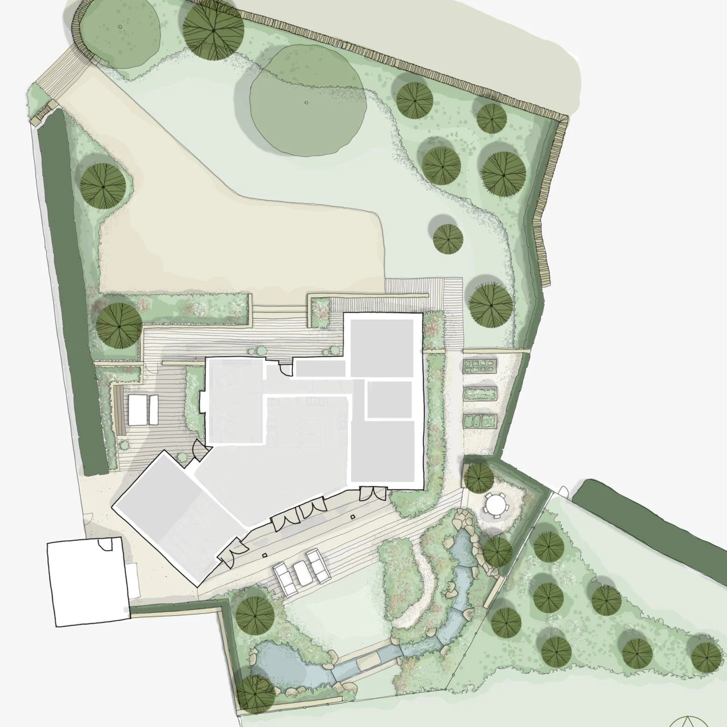 A recently completed initial Garden Design Document for Horseferry Bridge Farm. This document hopes to provide the client with a concept design for their garden to help inspire  and encourage a more detailed design brief. 

The design: The proposed s