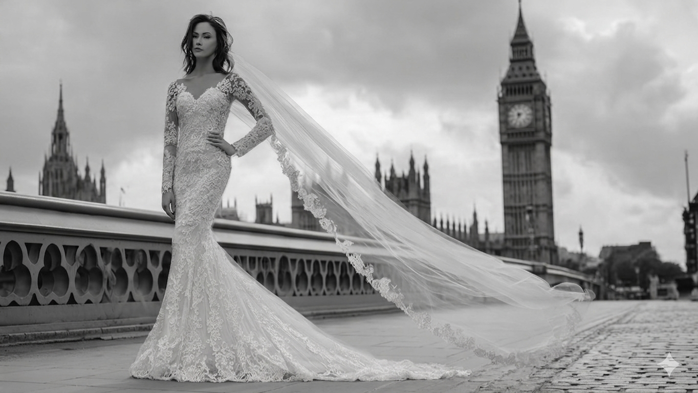 A woman in a lace wedding dress with a long train and veil, standing on a bridge in front of Big Ben and the Houses of Parliament in London, UK.