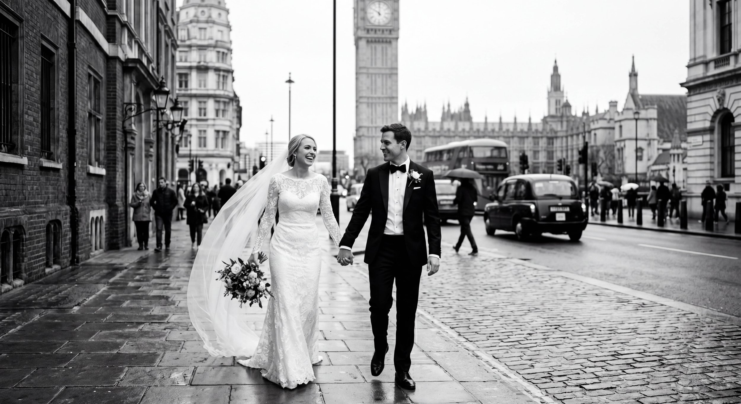 Black and white photo of a smiling bride and groom walking hand in hand on a city street, with Big Ben and historic buildings in the background.