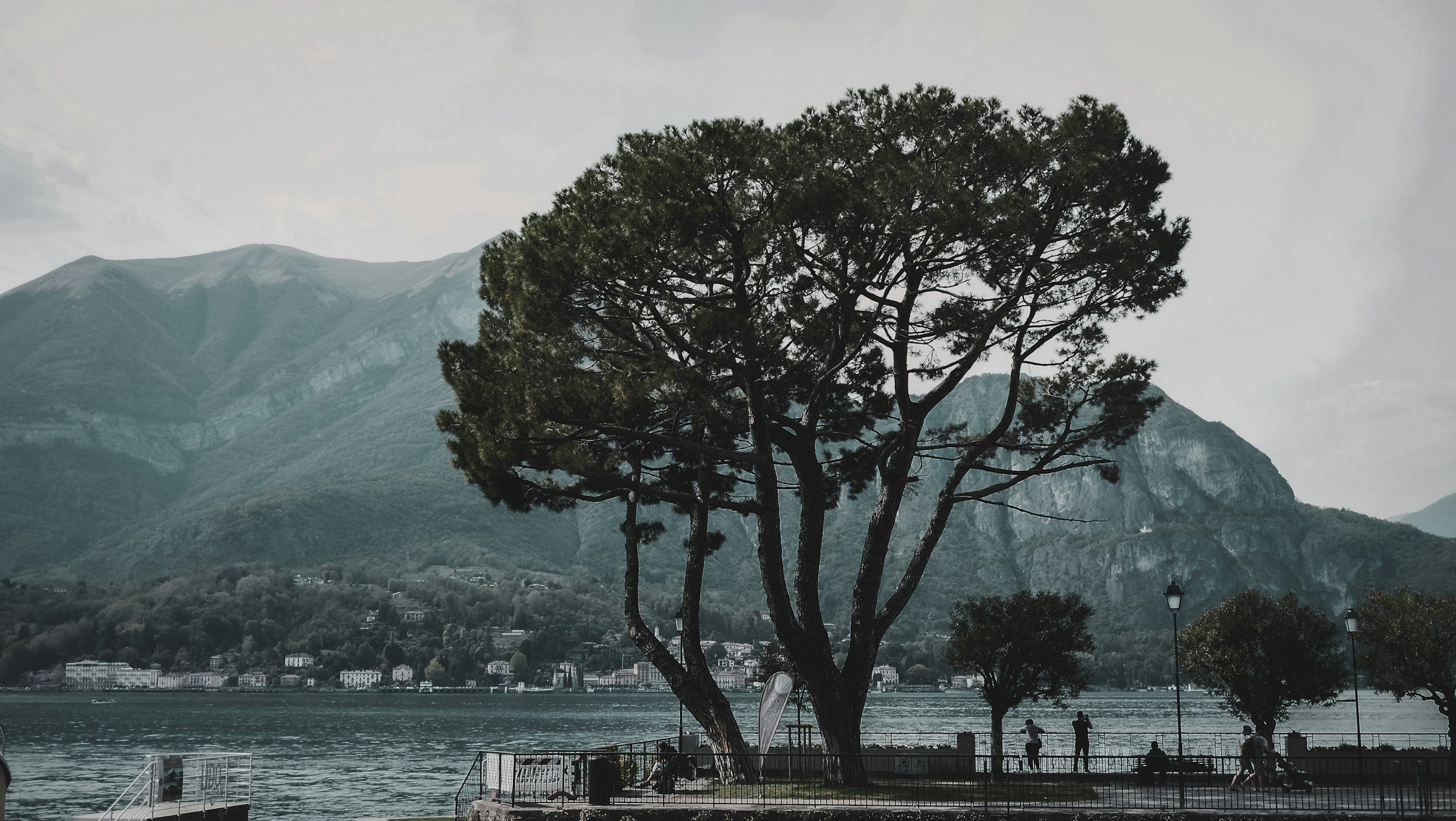 A scenic lakeside view with a large tree in the foreground, mountains in the background, and people walking along the waterfront promenade.