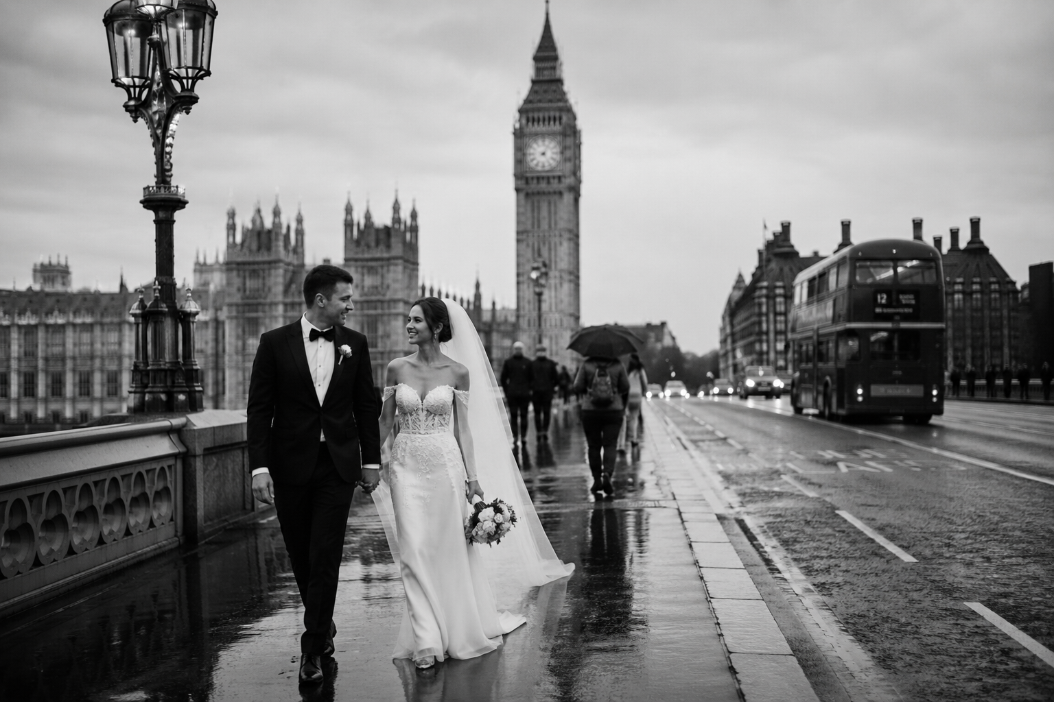 Bride and groom walking hand in hand on Westminster Bridge in London, with Big Ben in the background, a cloudy sky, wet pavement, and a double-decker bus on the road.