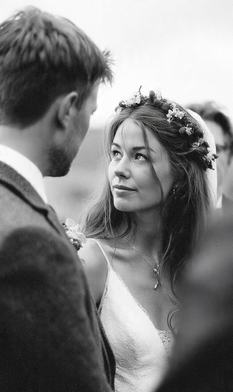 A black-and-white photo of a couple at a wedding, with the woman wearing a flower crown and the man in a suit, looking at each other outdoors.