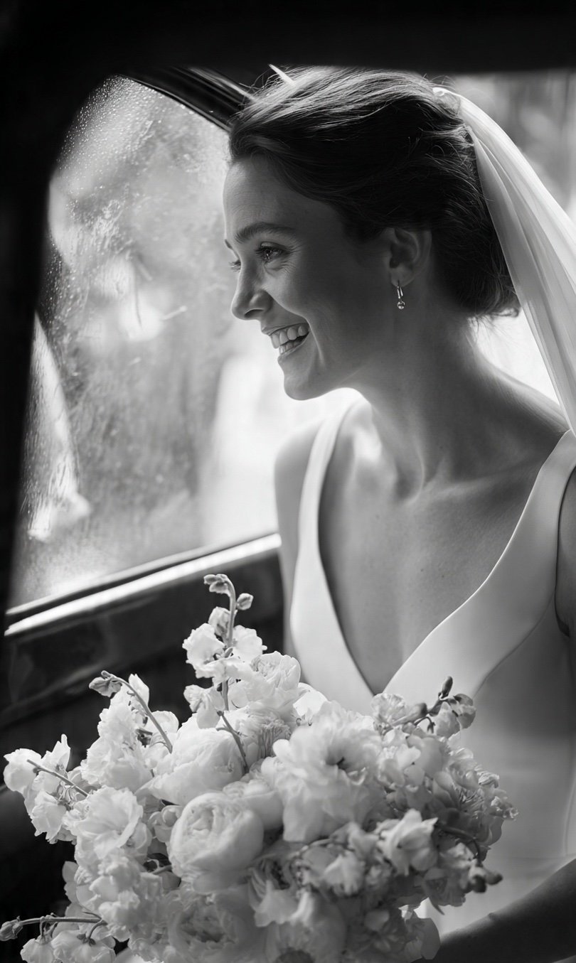 Black and white photo of a smiling bride looking out the window with a bouquet of flowers, wearing a wedding dress and veil.