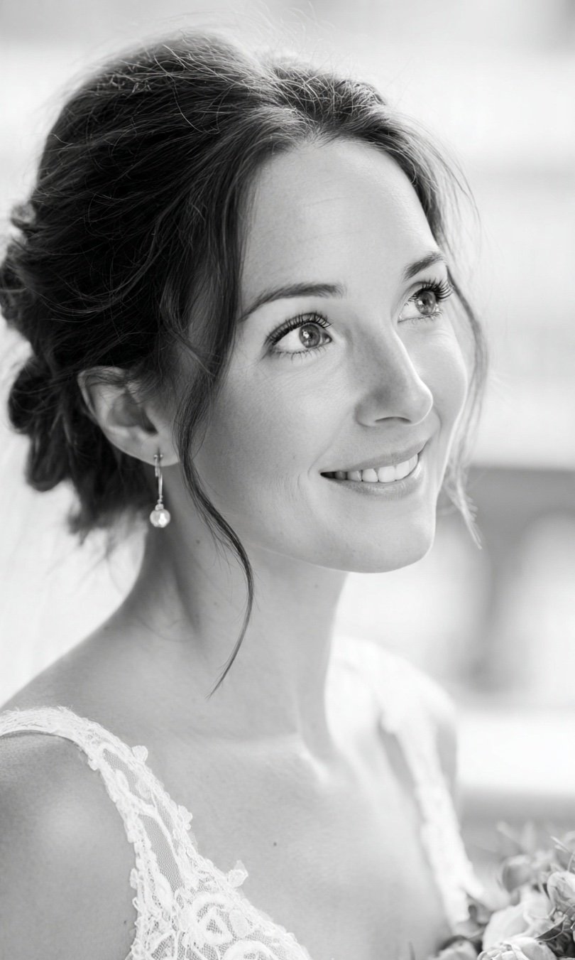 Black and white portrait of a smiling woman with dark hair styled in an updo, wearing a lace dress and dangling earrings.