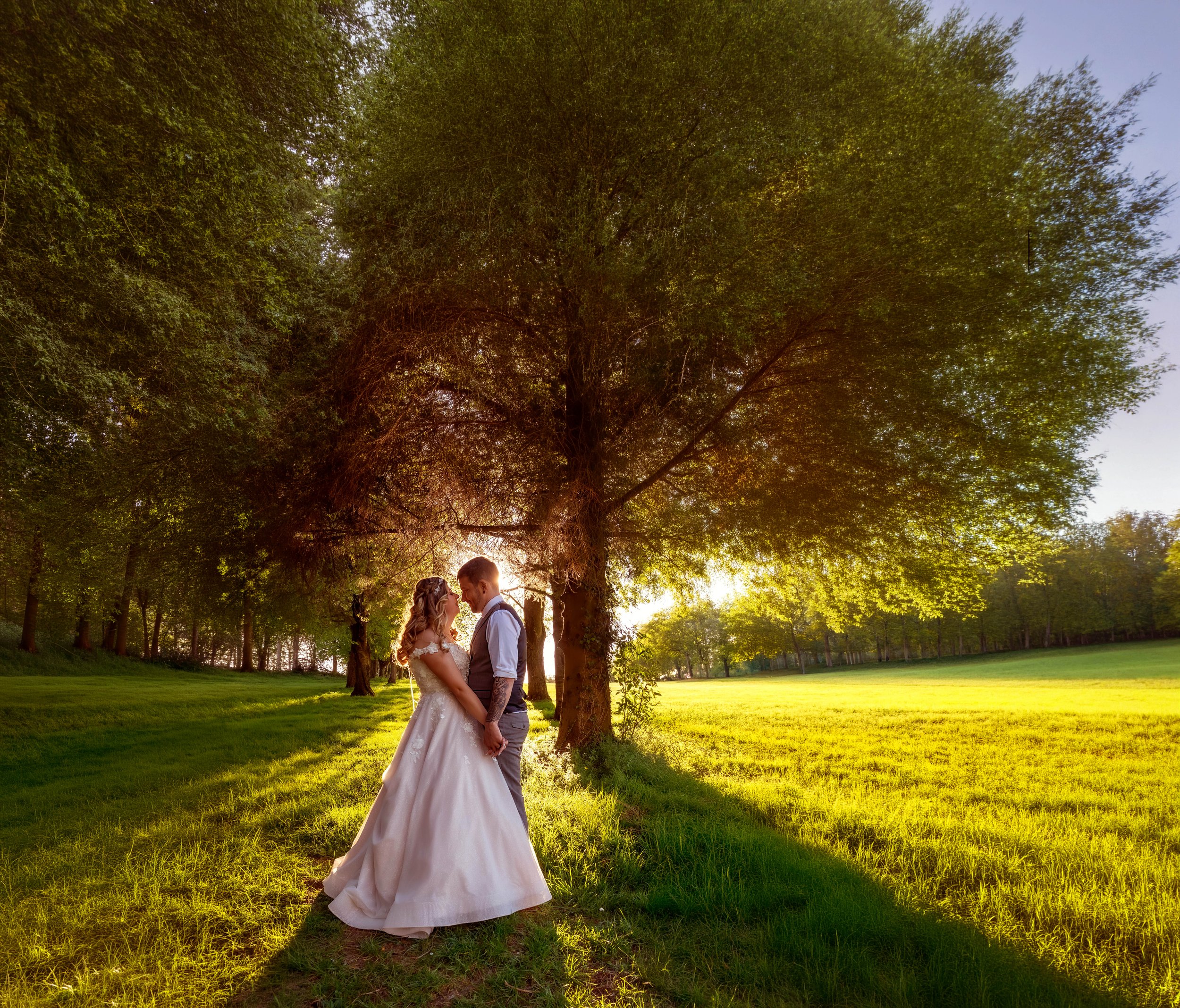 Couple in wedding attire holding hands under a large tree in a park at sunset.