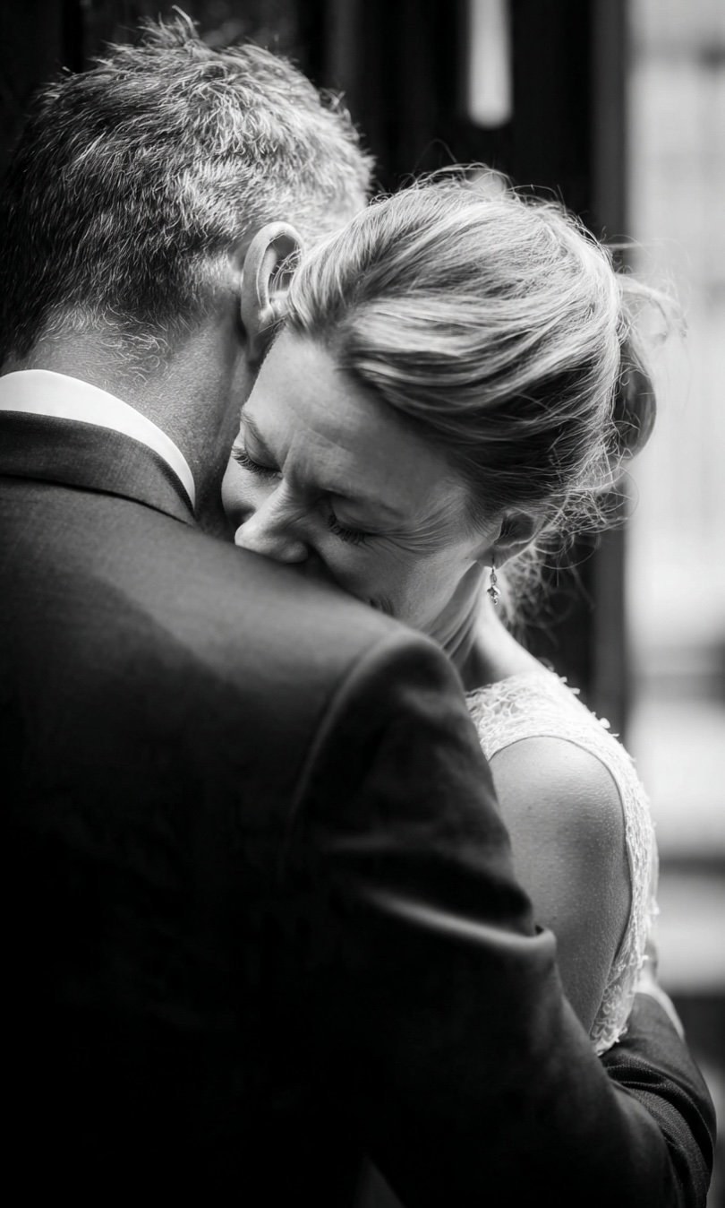 A black-and-white photo of a couple embracing, with the woman smiling and closing her eyes.