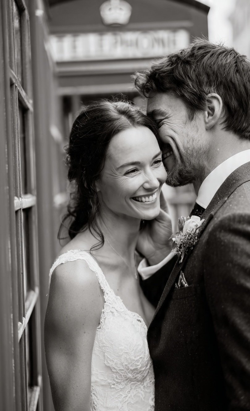 A smiling bride and groom sharing a tender moment on their wedding day, standing close with heads touching, in black and white.