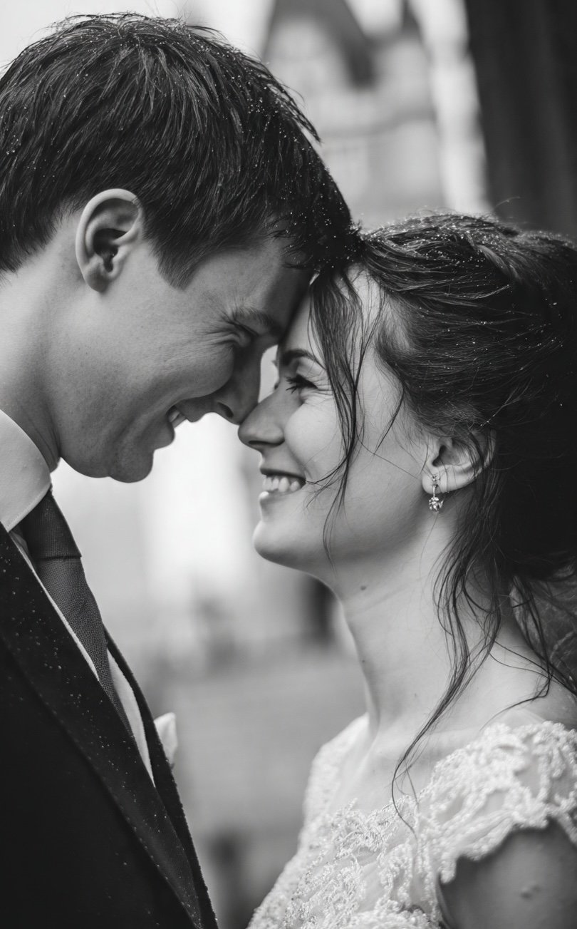 A black and white photo of a smiling couple with foreheads touching, at their wedding, in a close-up shot. The bride has dark hair in an updo and is wearing earrings and a lace dress, while the groom has short dark hair and is in a suit.