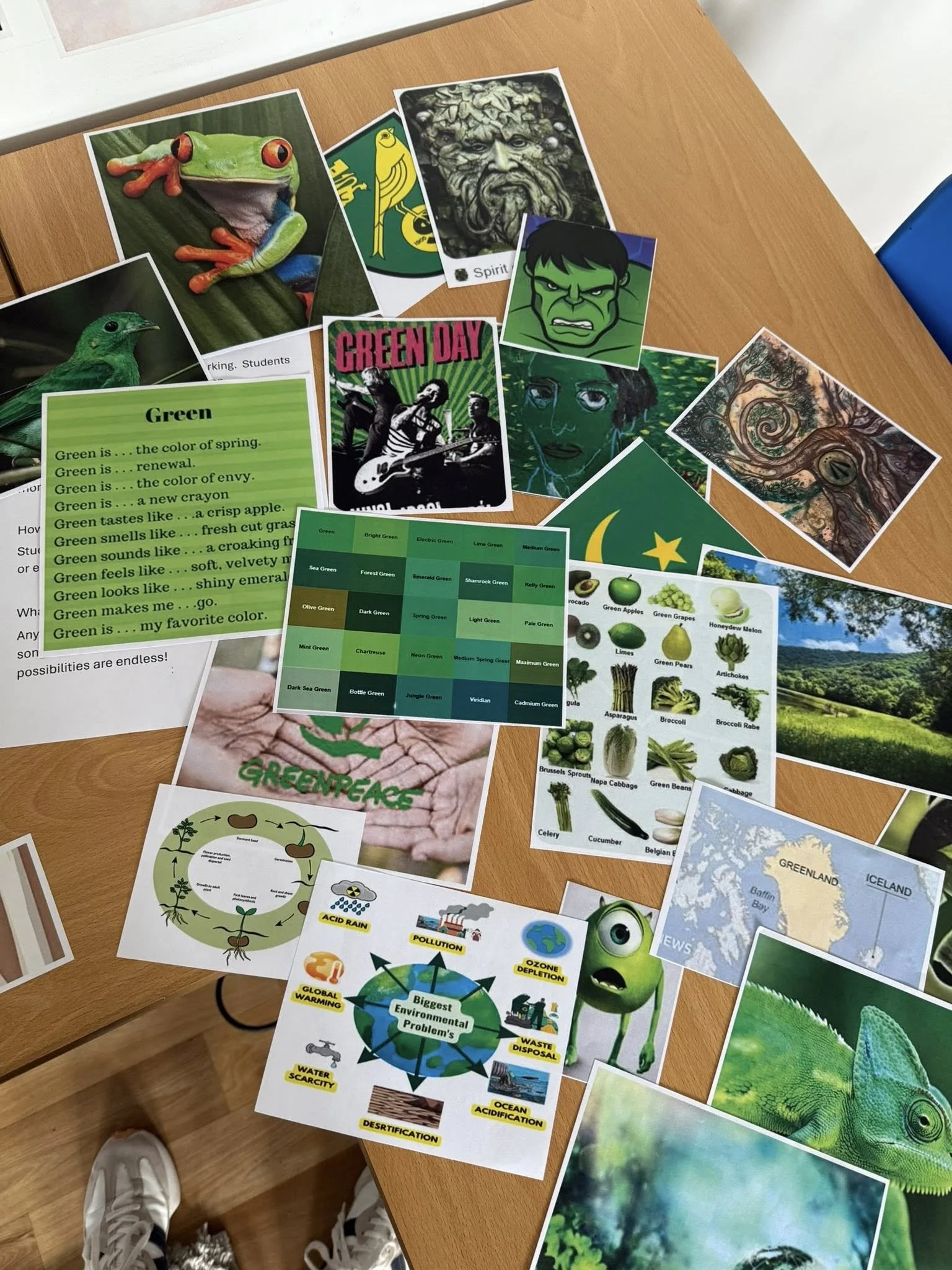 A table covered with various colorful images, notes, and posters related to environmental themes, including plants, animals, environmental issues, and the color green.