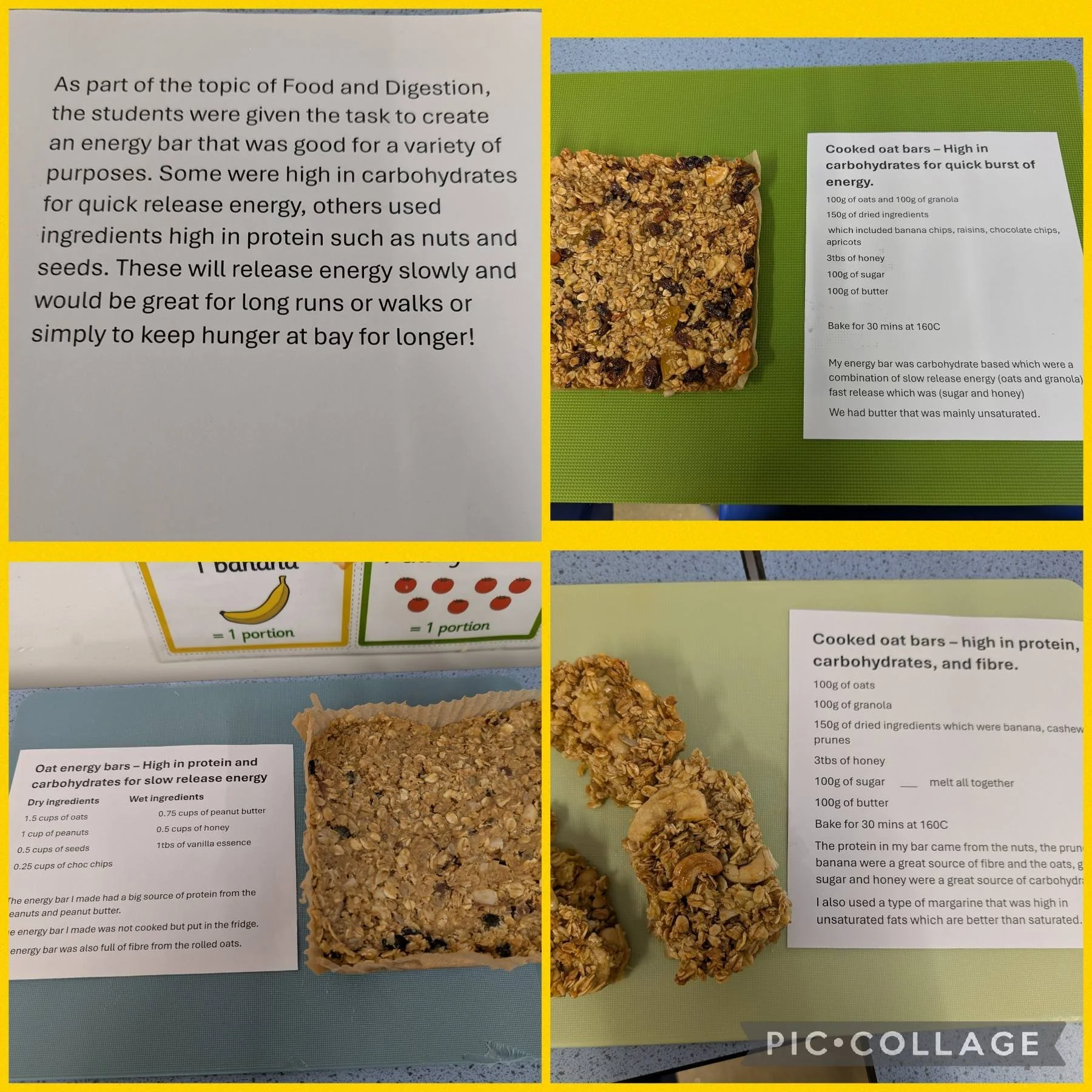 Four pictures of food and instruction sheets about energy bars, oats, and granola bars, with some bars placed on colorful surfaces.