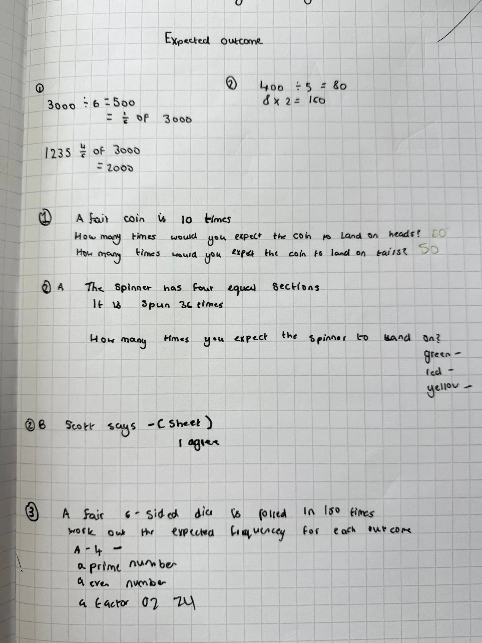 Handwritten notes on grid paper with mathematical and logical problems, including calculations, probability, and a spinner wheel question.