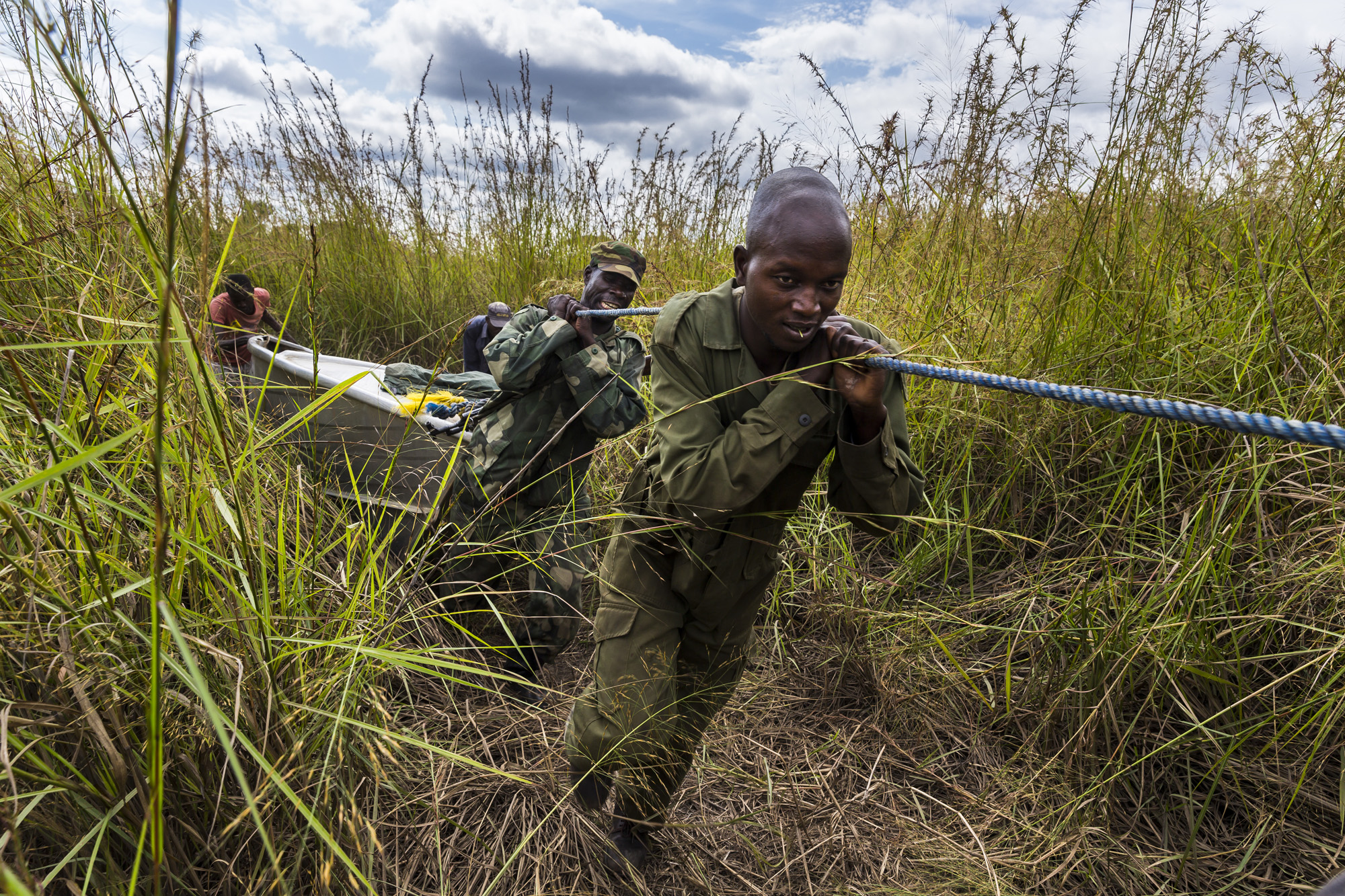 GARAMBA NATIONAL PARK, DEMOCRACTIC REPUBLIC OF CONGO, 12 NOVEMBER 2014: ICCN Rangers combine with a Congolese Army platoon for a 21 day mission inside Garamba National Park in the DR Congo. they are on the lookout for poachers, in particular the not