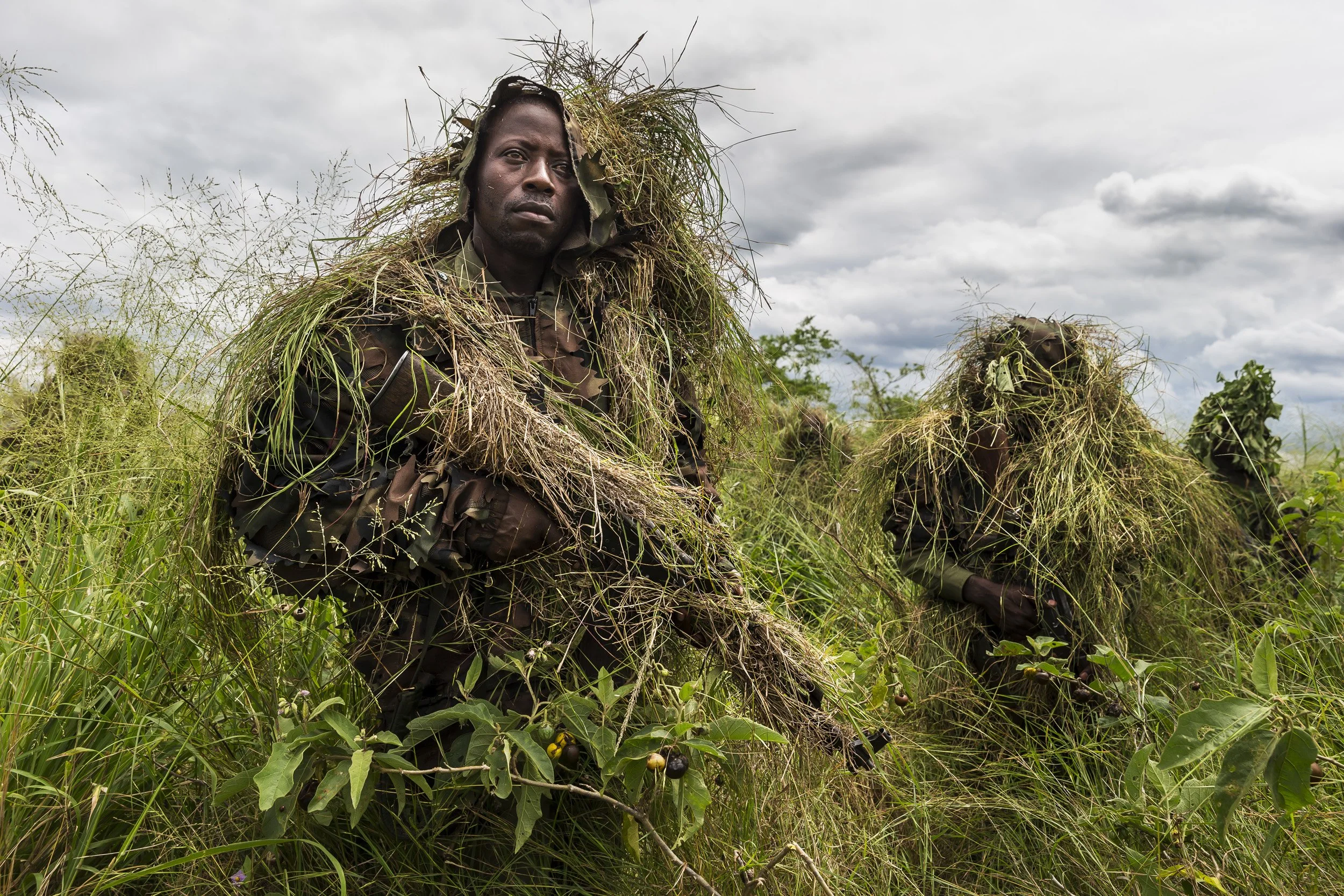ISHANGO, VIRUNGA NATIONAL PARK, DEMOCRATIC REPUBLIC OF CONGO, 6 MAY 2015: European Union commissioned instructors teach Virunga National Park rangers skills for concealment, bush craft, weapons and survival in their fight against paramilitary groups