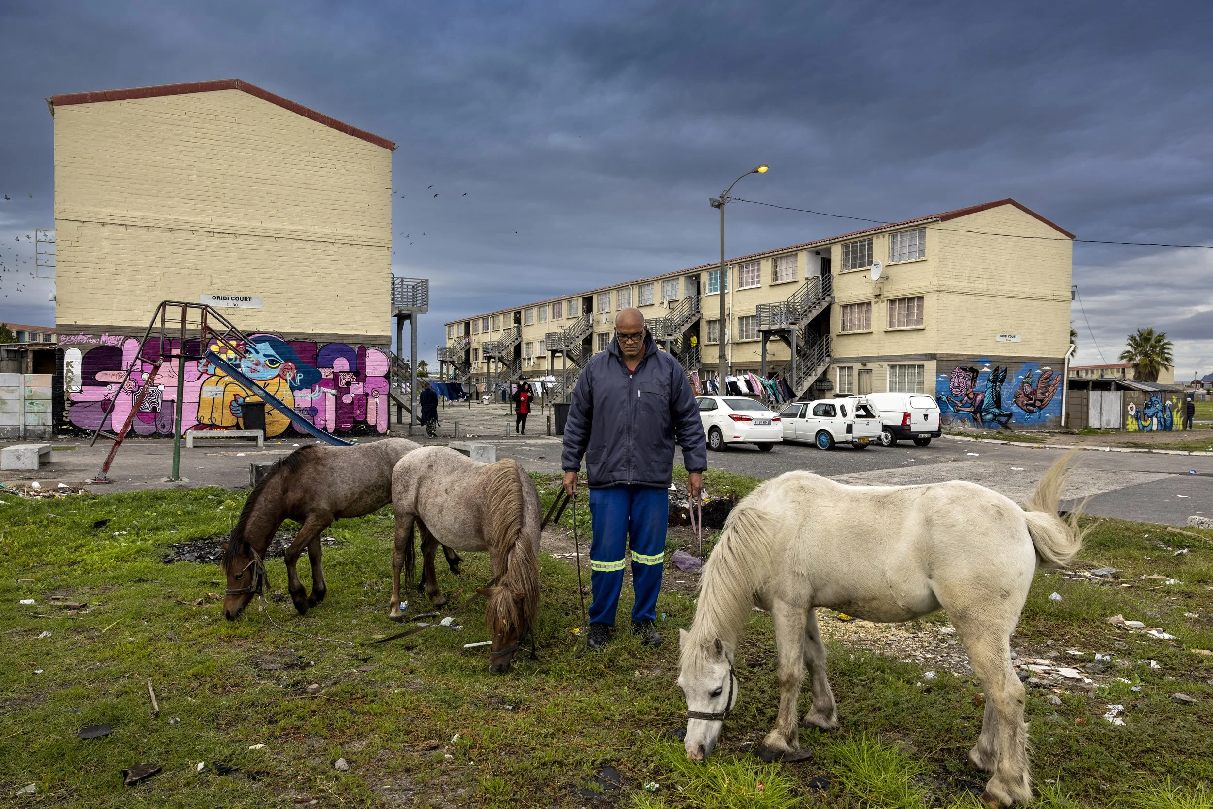 HANOVER PARK, CAPE TOWN, SOUTH AFRICA: Shafiek Gamiet, 50, tends to his horses outside a block of flats in a dangerous part of Hanover Park, one of the most dangerous gang areas in South Africa and a hotbed of drug use and violence. Hanover Park has