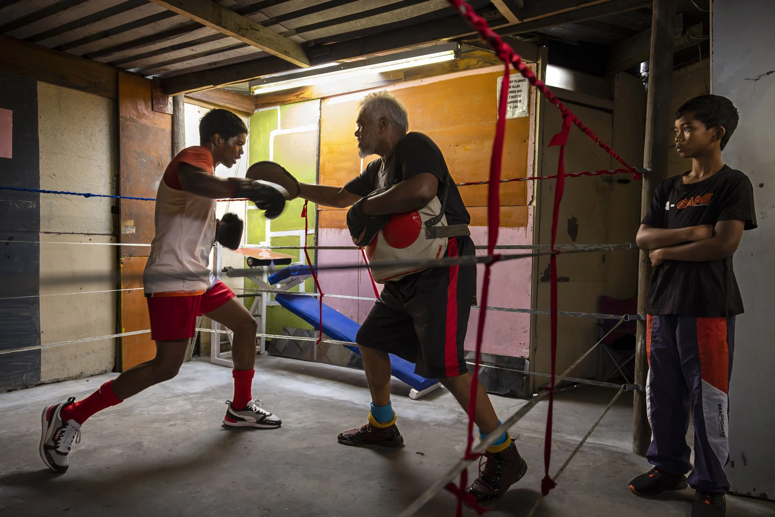 HANOVER PARK, CAPE TOWN, SOUTH AFRICA: Hanover Park boxing academy is inside Igshaan Nazier home in a dangerous part of Hanover Park, one of the most dangerous gang areas in South Africa and a hotbed of drug use and violence. Hanover Park has seen o