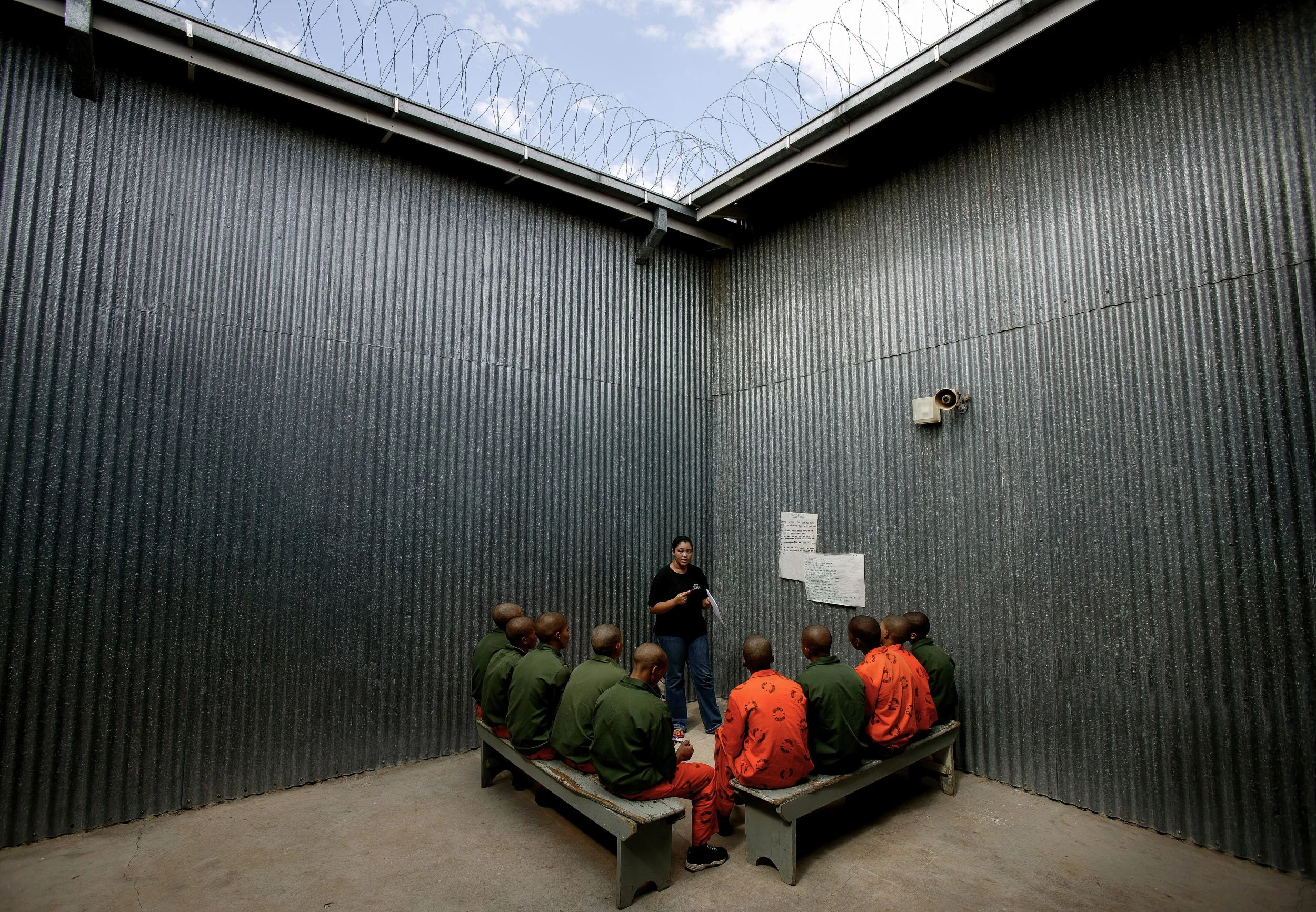 DRAKENSTEIN PRISON, SOUTH AFRICA: A young coloured woman from an HIV organization lectures coloured juvenile sex offendors on sexual crimes. Sexual violence towards women on the Cape Flats is one of the highest in South Africa, with poverty, a lack