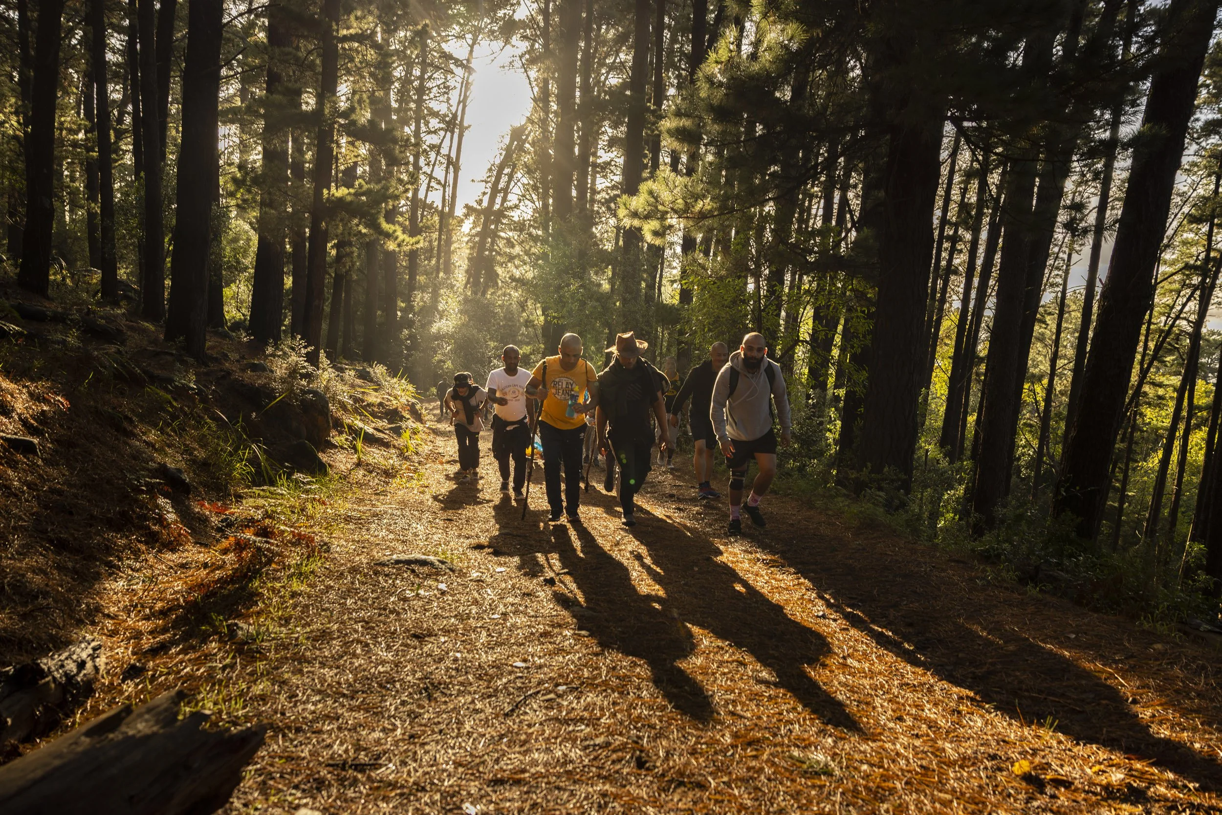 NEWLANDS FOREST, CAPE TOWN: Men from Camp Joy walk slowly up a path to the top of Table Mountain as part of a rehabilitation exercise. Camp Joy is a halfway house on the Cape Flats that focuses on rehabilitation and restoration as a guideline to qua