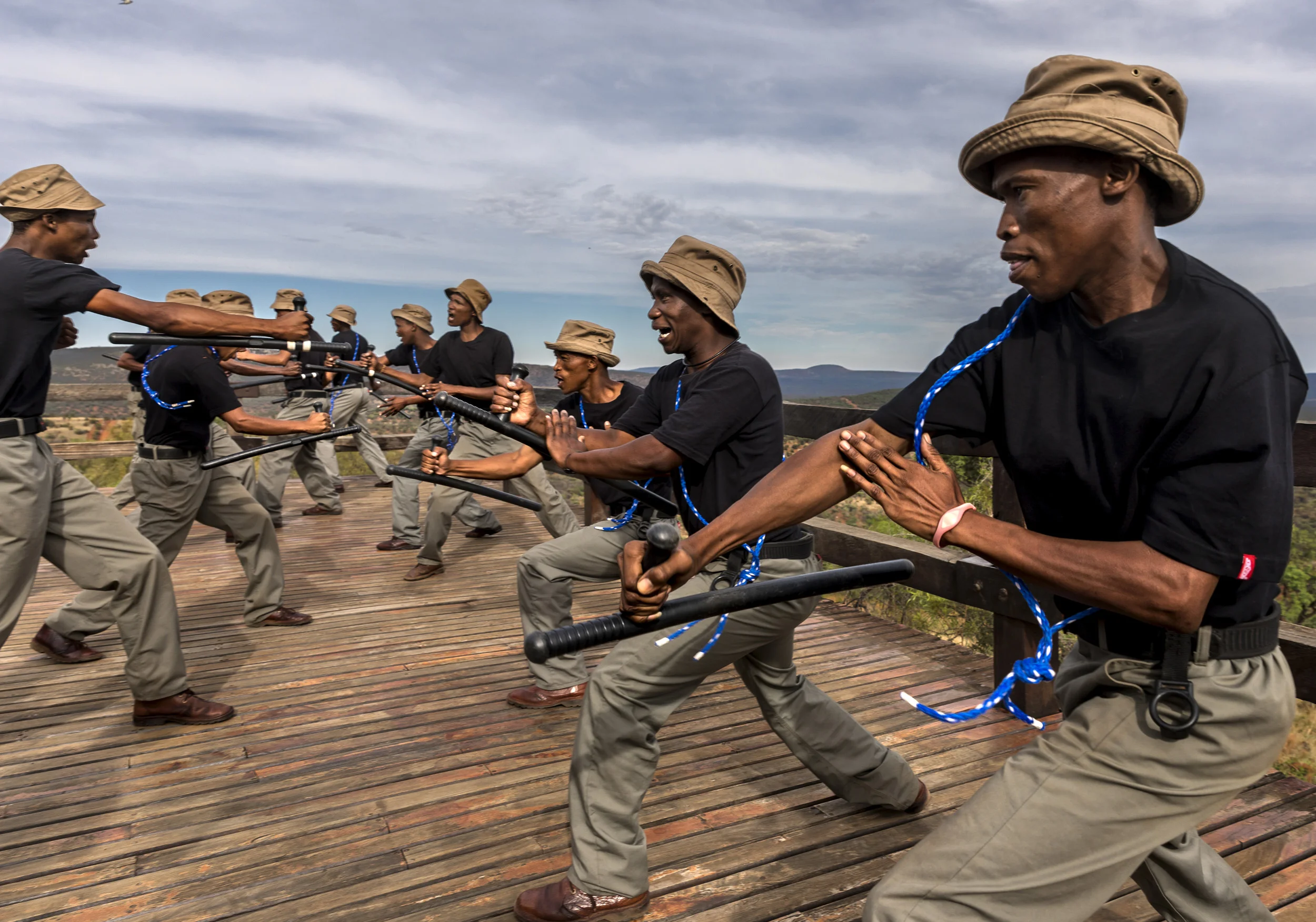 SWARTRUGGENS, SOUTH AFRICA: A group of bushmen men learn self defence tactics to combat farm attacks on a farm in Swartruggens. They are taught by Dap Maritz, a long time security consultant on farm security and rhino protection. The EFF, a right wi