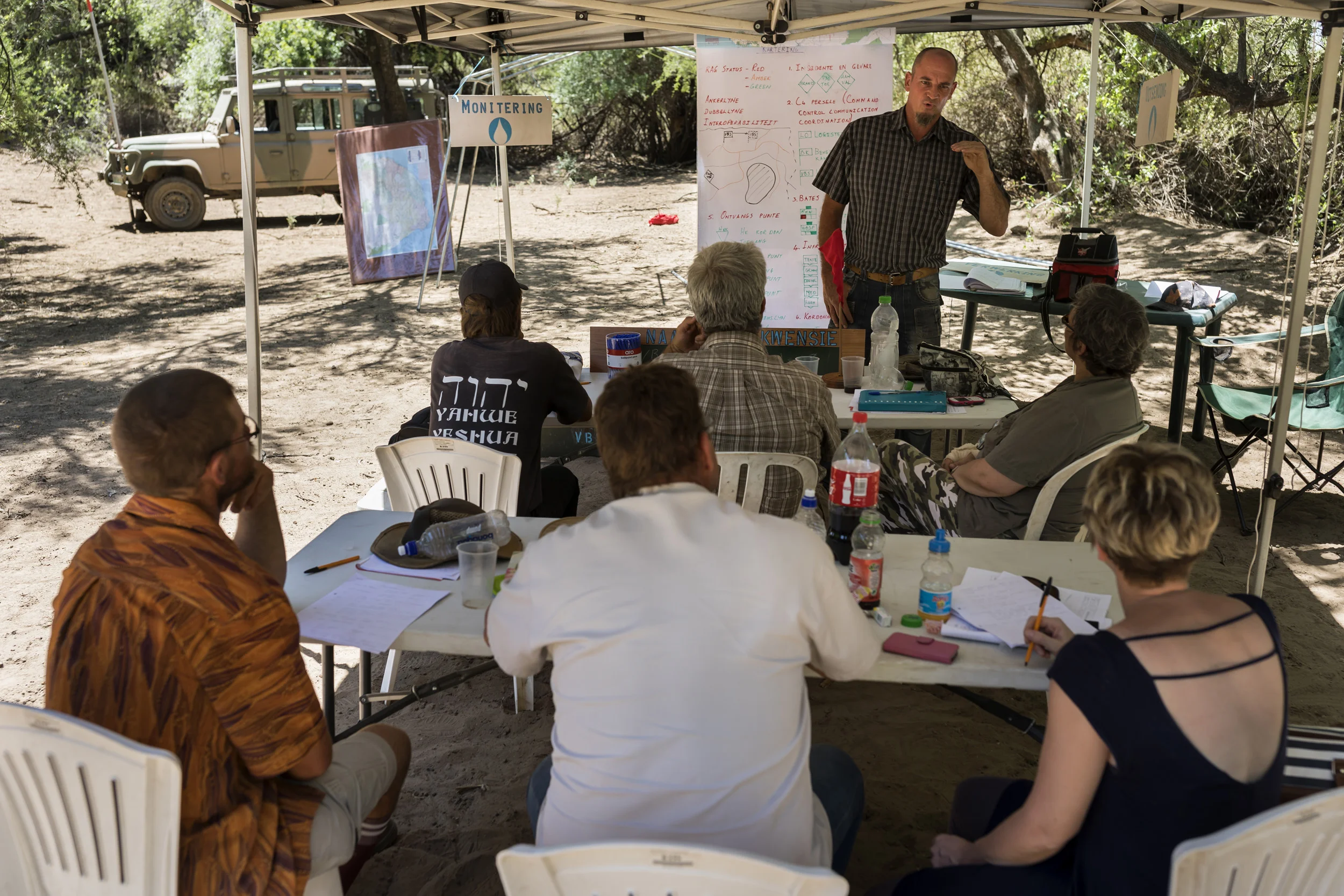 VANDERKLOOF, NORTHERN CAPE, 3 DECEMBER 2016: Members of the Suidlanders movement learn to use radios and maps on a farm in the North West Cape region of South Africa. Suidlanders are a group of around 100,000.00 white people who believe that persecu