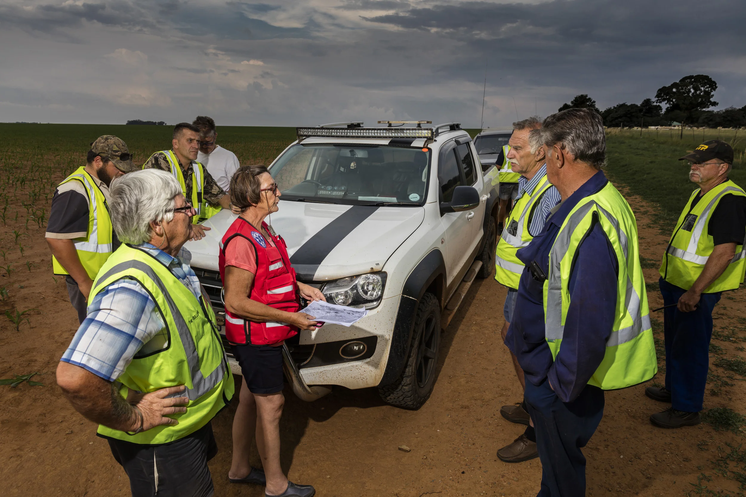 SUNDRA, SOUTH AFRICA, 23 NOVEMBER 2016: Sundra's community protection group leaders meet to discuss the nights tactics. Sundra has one of the best CPG's in the country with over 200 members who patrol nightly. Rural farming towns and farmers are esp